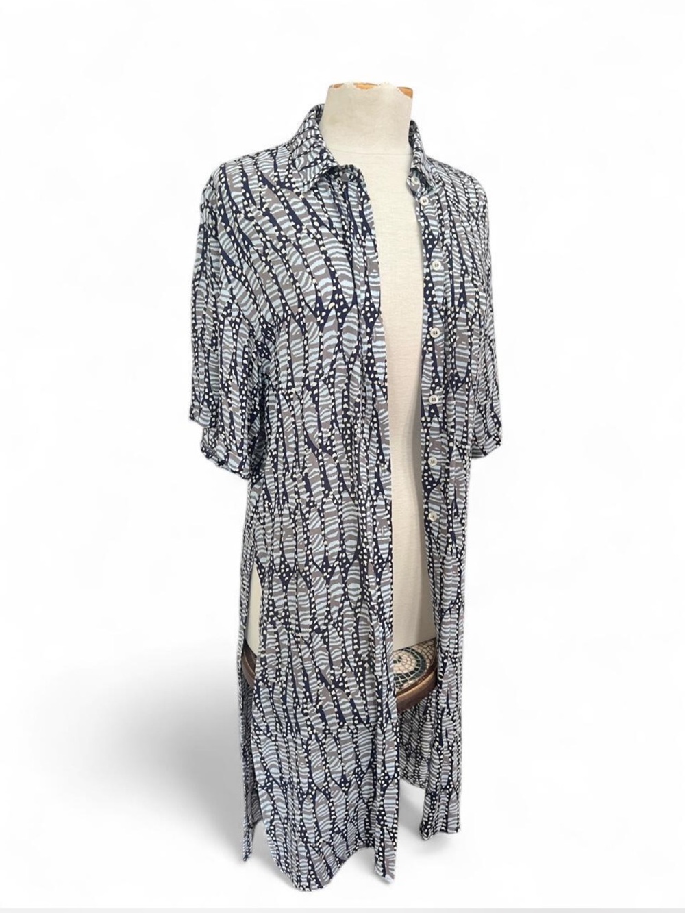By Anthropologie Abstract Midi Duster/coverup Navy gray and lt blue XS